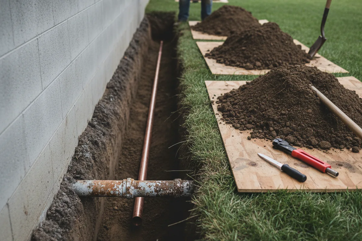 Excavated water line trench during Water Heater Repair in Walnut